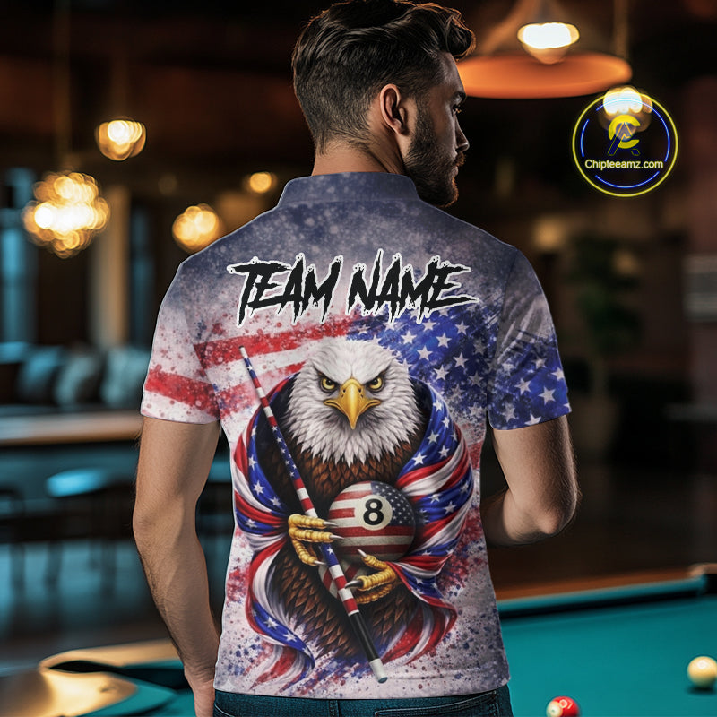 US Flag Grunge Eagle Pool 8 Ball & Cue Billiard Shirt For Men Custom Patriotic Billiard Attire NYN2588