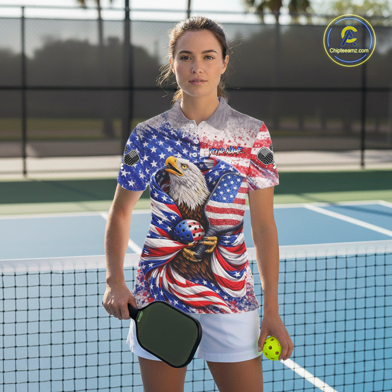 Custom Eagle US Flag Paint Pickleball Ball & Paddle T-Shirt Patriotic Pickleball Jersey For Women NYN2580