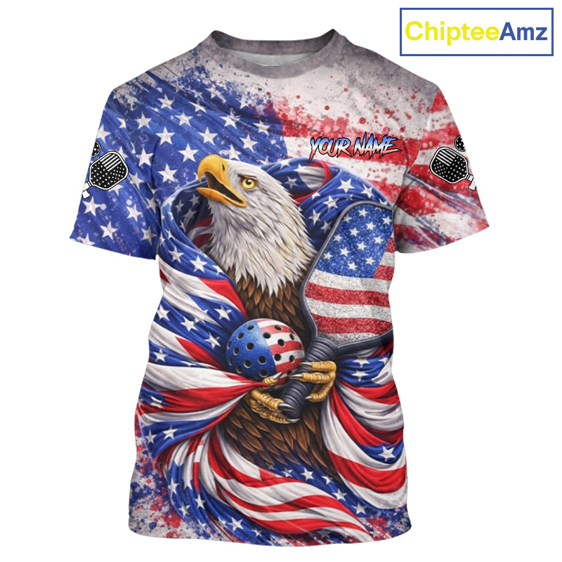 Custom Eagle US Flag Paint Pickleball Ball & Paddle T-Shirt Patriotic Pickleball Jersey For Men NYN2580