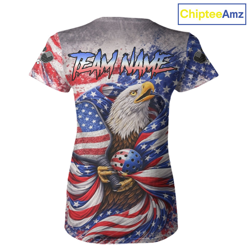 Custom Eagle US Flag Paint Pickleball Ball & Paddle T-Shirt Patriotic Pickleball Jersey For Women NYN2580