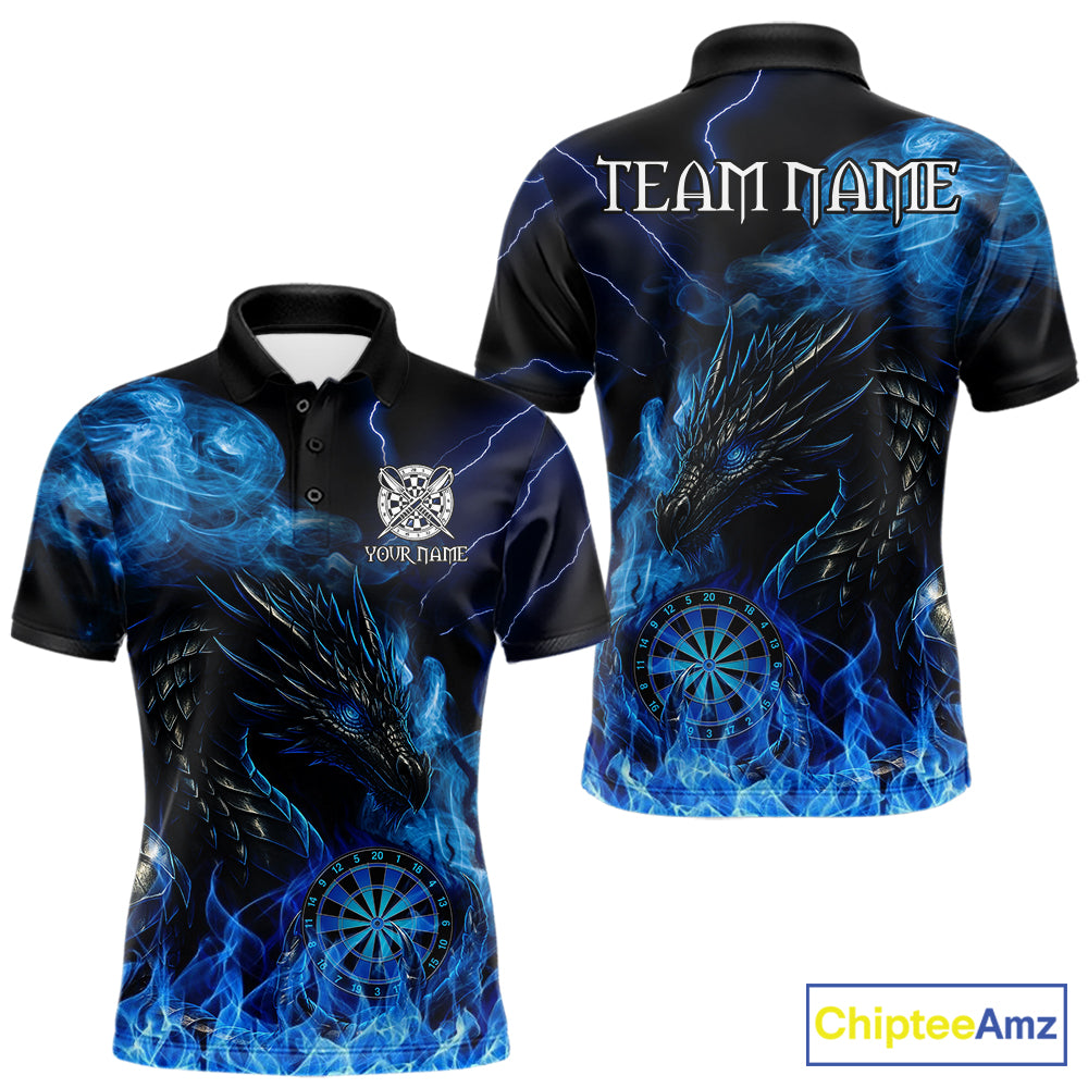 Personalized blue flaming dragon dart polo shirt for men custom darts team jersey