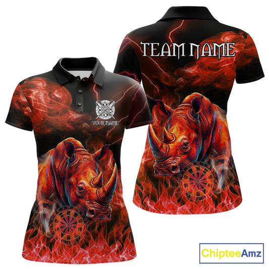 Personalized red flaming rhino dart polo shirt for women custom dart jersey