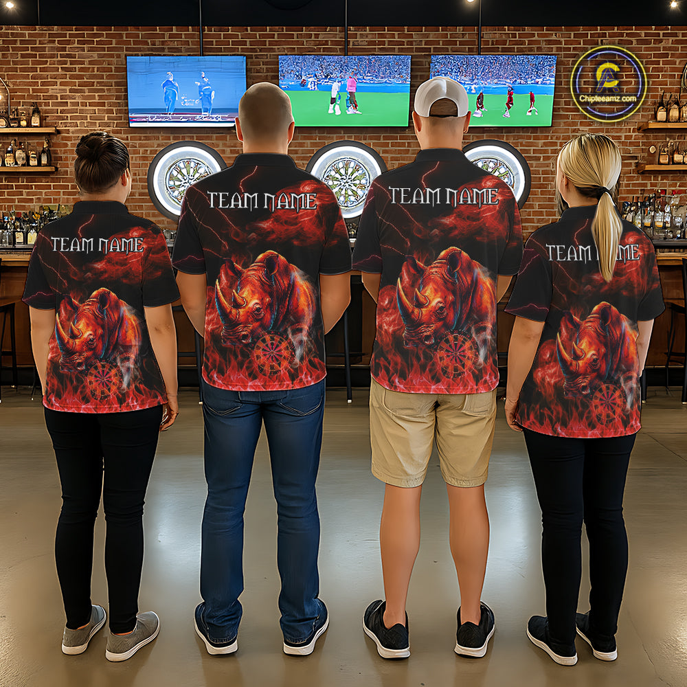 Personalized Men Rhino Dart Polo & Quarter-Zip Shirt Custom Name Team Red Flaming Rhino Dart Jersey NYN3360