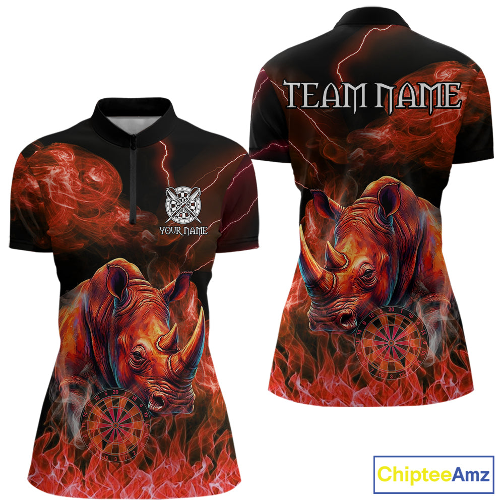 Personalized red flaming rhino dart quarter zip shirt for women custom dart jersey