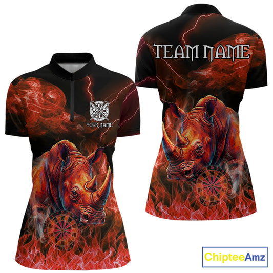 Personalized red flaming rhino dart quarter zip shirt for women custom dart jersey