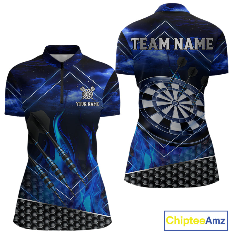 Flaming Dartboard & Dart Arrows Blue Darts Shirt For Women - Custom Name & Team Jersey NYN0668