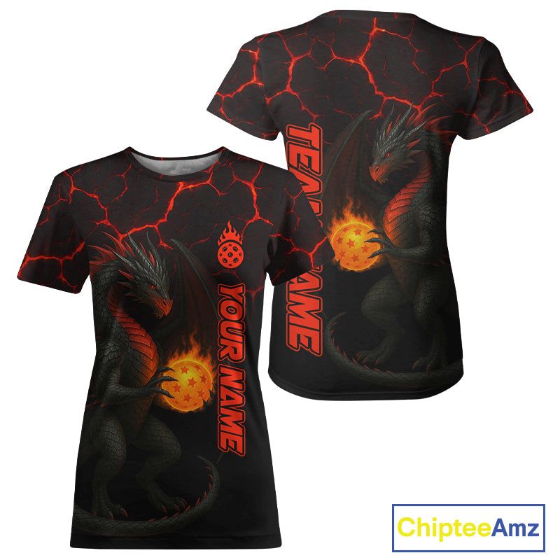 Custom Red And Black Dragon Pickleball Ball T-Shirt For Women Pickleball Team Outfit Shirt NYN1270