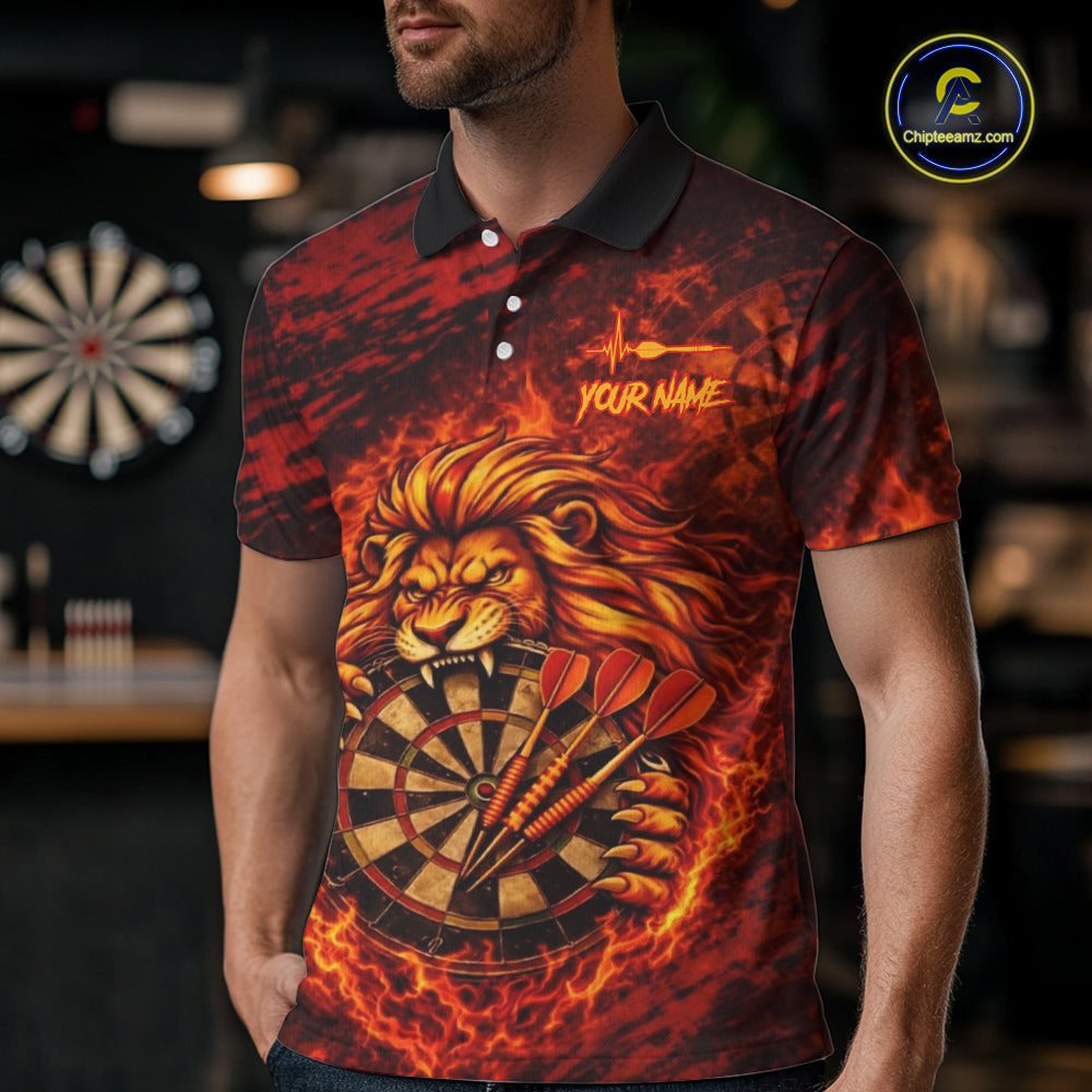 Lion Fire Flame Dartboard & Arrow Men Darts Polo Shirt Personalized Red Grunge Darts Jerseys NYN2599