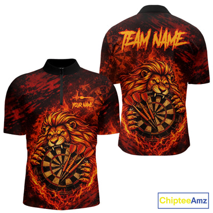 Lion Fire Flame Dartboard & Arrow Men Darts 1/4-Zip Shirt Personalized Red Grunge Darts Jerseys NYN2599