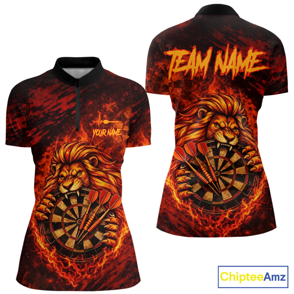 Lion Fire Flame Dartboard & Arrow Women Darts 1/4-Zip Shirt Personalized Red Grunge Darts Jerseys NYN2599