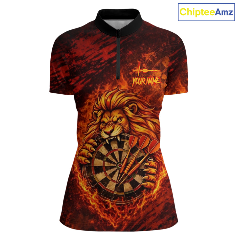 Lion Fire Flame Dartboard & Arrow Women Darts 1/4-Zip Shirt Personalized Red Grunge Darts Jerseys NYN2599