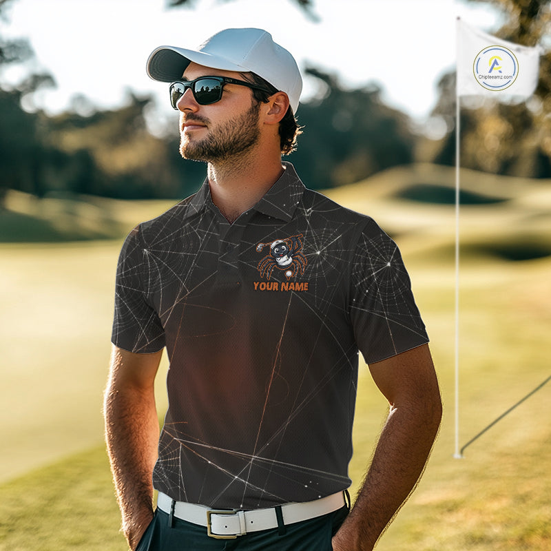 Male golfer wearing Funny Spider Halloween golf polo, custom golf team apparel, spiderweb performance golf shirt, golf club uniform, Halloween golf outing