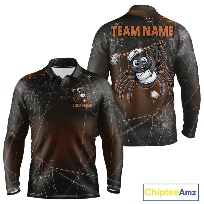 Funny Spider Halloween men's golf polo featuring spiderweb artwork, personalized golf team shirt, moisture-wicking performance golf apparel, Halloween golf tournament uniform