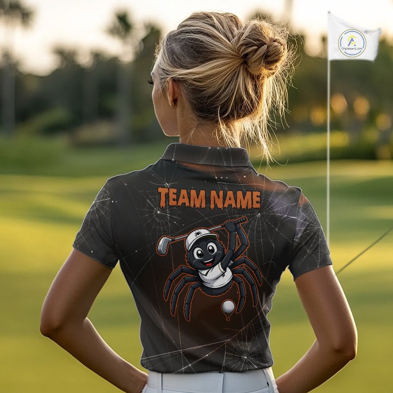 Female golfer wearing Funny Spider Halloween golf polo, personalized golf apparel, spiderweb golf fashion, autumn golf outfit, golf vacation clothing, Halloween golf league uniform