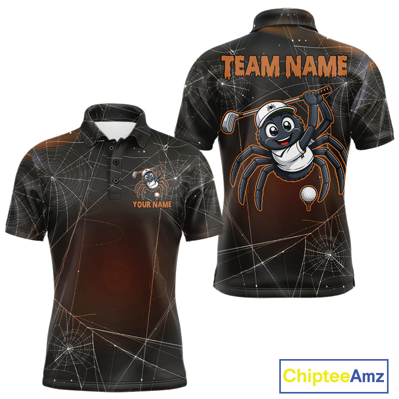 Funny Spider Halloween men's golf polo featuring spiderweb artwork, personalized golf team shirt, moisture-wicking performance golf apparel, Halloween golf tournament uniform