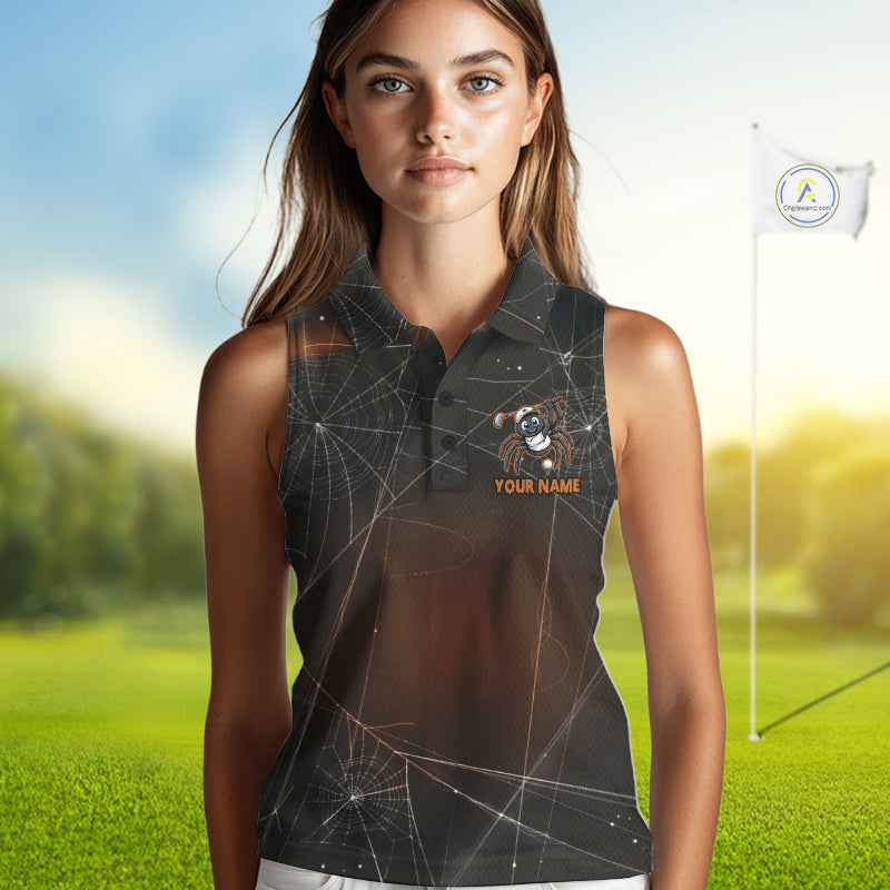 Female golfer wearing Funny Spider Halloween golf polo, personalized golf apparel, spiderweb golf fashion, autumn golf outfit, golf vacation clothing, Halloween golf league uniform