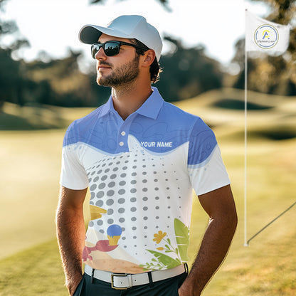 Male golfer wearing Summer Crab golf polo, golf vacation apparel, performance golf uniform, tropical golf fashion