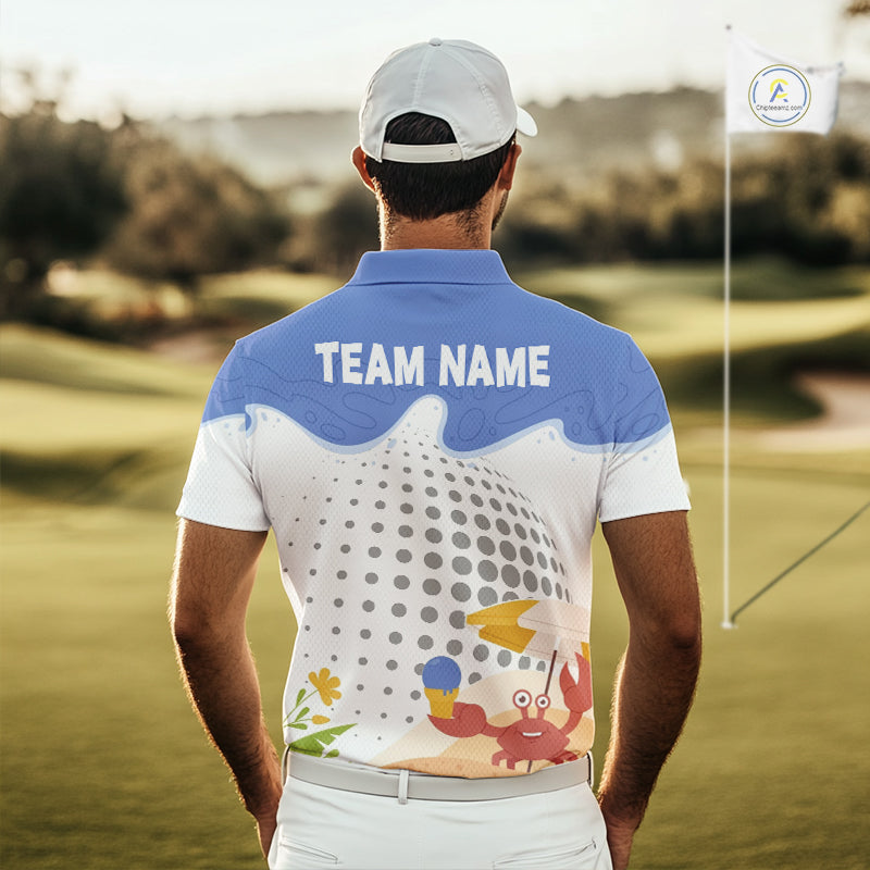 Male golfer wearing Summer Crab golf polo, golf vacation apparel, performance golf uniform, tropical golf fashion