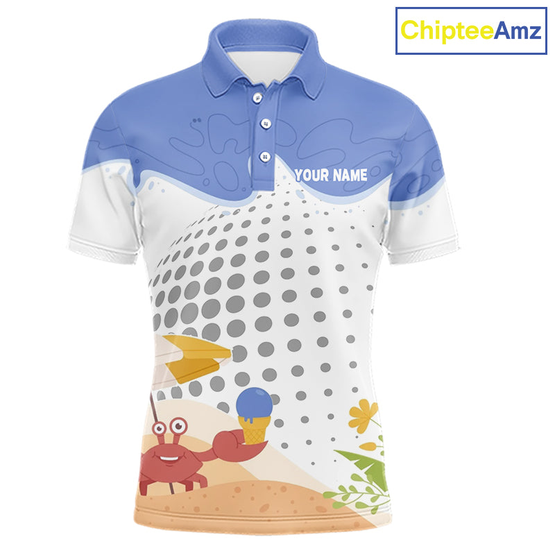 Summer Crab men's golf polo shirt, personalized tropical crab golfer design, breathable golf apparel, golf outing clothing