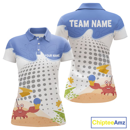 Custom Summer Crab women's golf polo shirt featuring colorful crab artwork, golf team uniform, summer golf outfit, personalized apparel