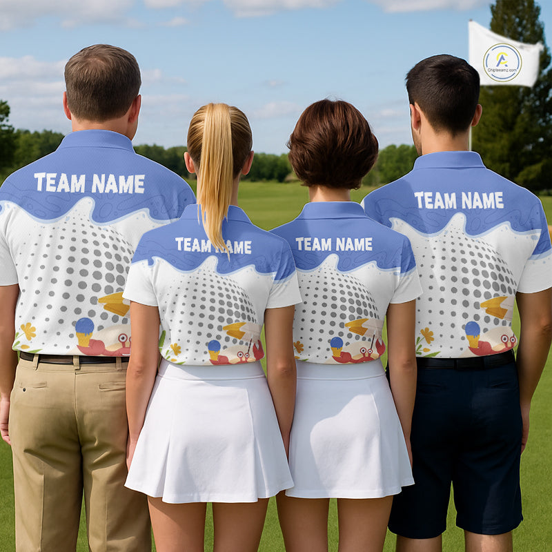 Summer Crab custom golf team polo, beach golf event, tropical vacation, golf league apparel, summer sportswear, crab symbolizes endurance, confidence, success