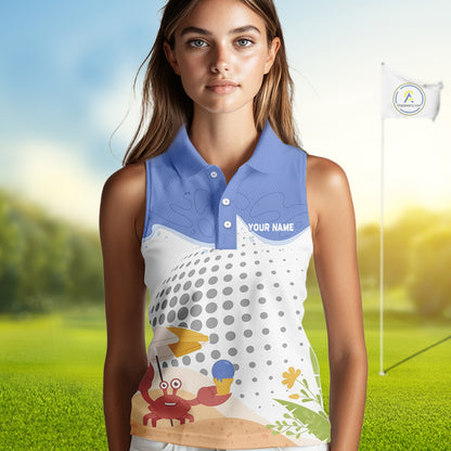 Female golfer wearing Summer Crab golf polo, tropical golf clothing, vacation golf outfit, custom golf apparel, beach golf style