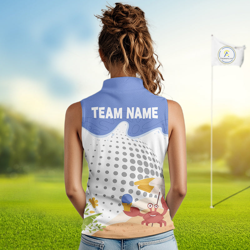 Female golfer wearing Summer Crab golf polo, tropical golf clothing, vacation golf outfit, custom golf apparel, beach golf style