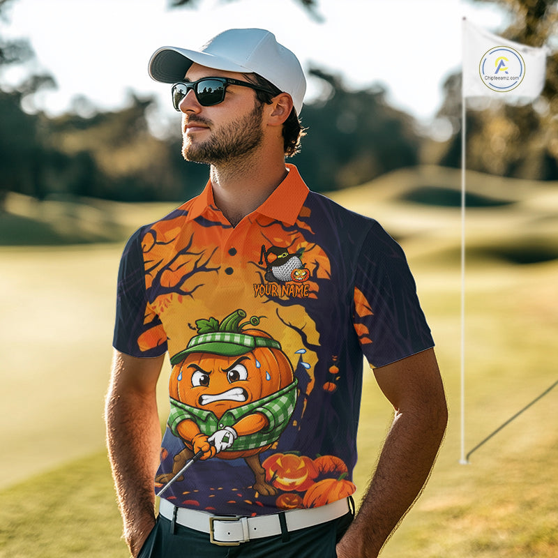 Male golfer wearing Pumpkin Halloween golf polo, golf outing apparel, golf club uniform, autumn golf clothing