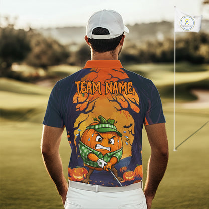 Male golfer wearing Pumpkin Halloween golf polo, golf outing apparel, golf club uniform, autumn golf clothing