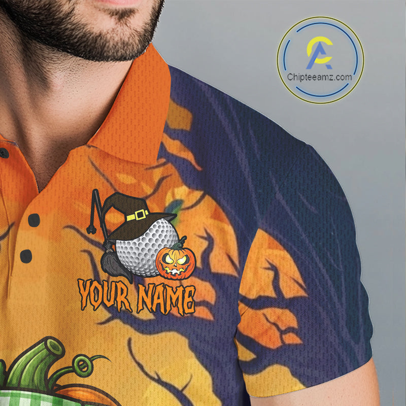 Male golfer wearing Pumpkin Halloween golf polo, golf outing apparel, golf club uniform, autumn golf clothing