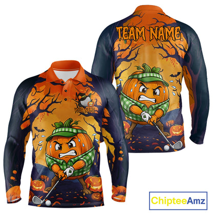 Funny Pumpkin men's golf polo, Halloween golf apparel, custom golf team shirt, moisture-wicking golf uniform