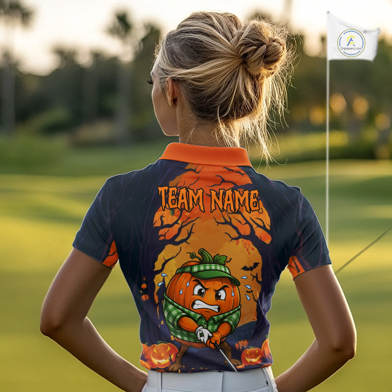 Female golfer wearing Pumpkin Halloween golf polo, personalized golf apparel, pumpkin golf fashion, fall golf vacation