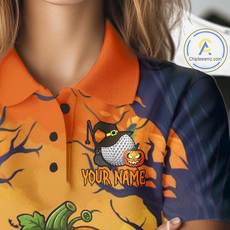 Female golfer wearing Pumpkin Halloween golf polo, personalized golf apparel, pumpkin golf fashion, fall golf vacation