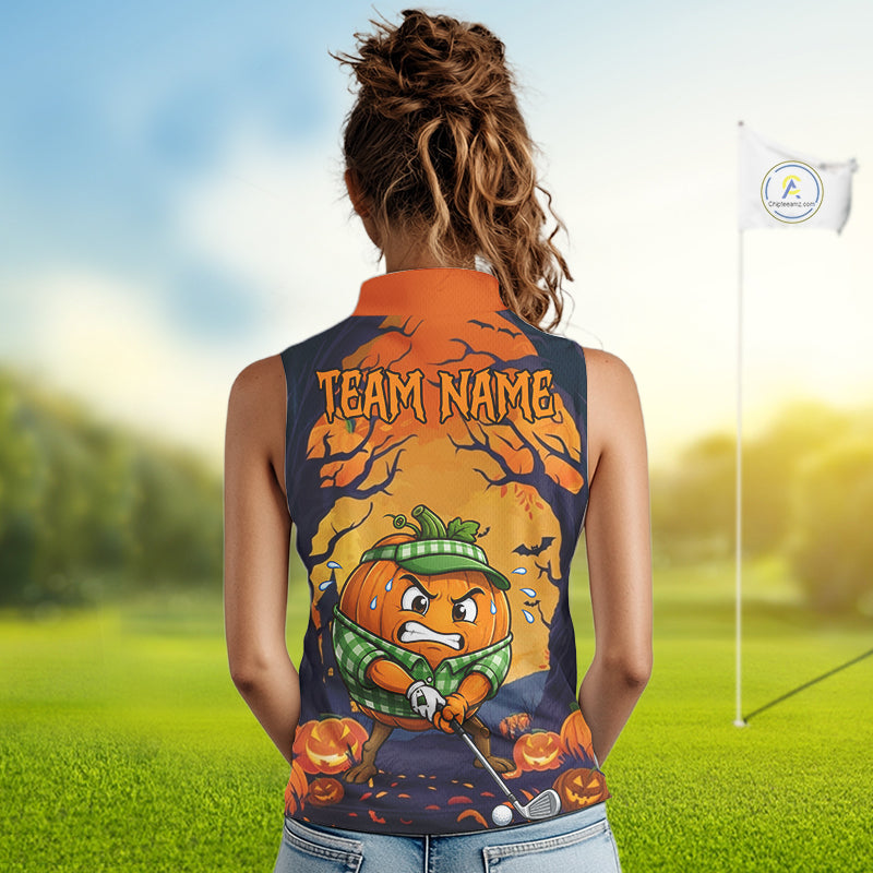 Female golfer wearing Pumpkin Halloween golf polo, personalized golf apparel, pumpkin golf fashion, fall golf vacation