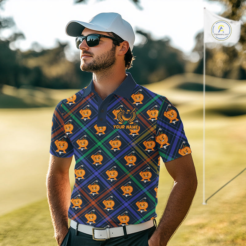 Male golfer wearing Plaid Pumpkin golf polo, golf club apparel, fall golf tournament clothing, personalized golf shirt