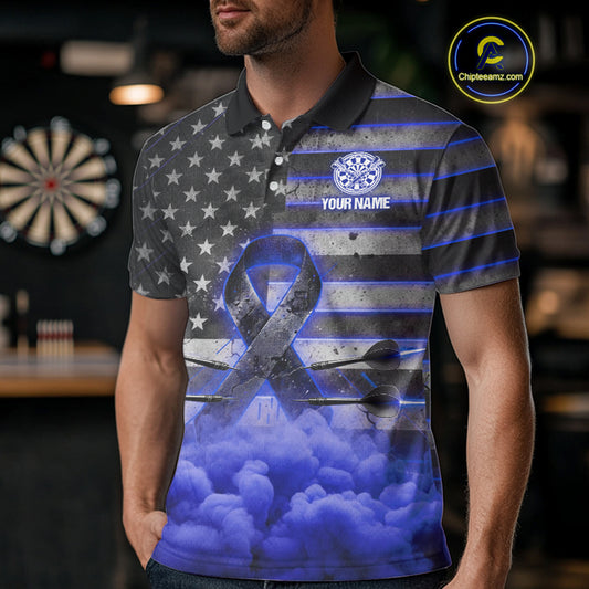 Blue Cloud Ribbon US Flag Dart Arrow Custom Breast Cancer Awareness Darts Men Polo Shirt NYN1817