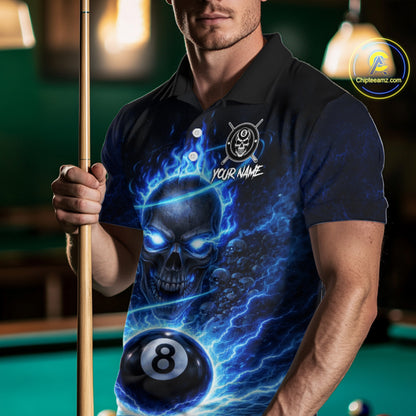 Blue Flames Multi Skull Thunder Pool 8 Ball 3D Billiard Shirt For Men Custom Billiard Team Attire NYN2603