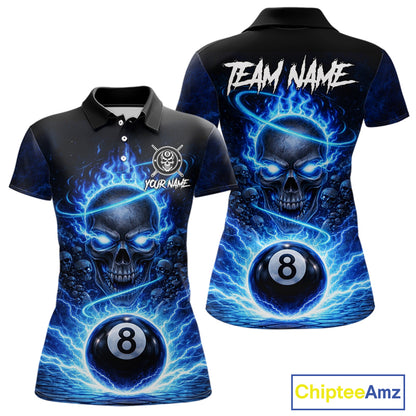 Blue Flames Multi Skull Thunder Pool 8 Ball 3D Billiard Shirt For Women Custom Billiard Team Attire NYN2603