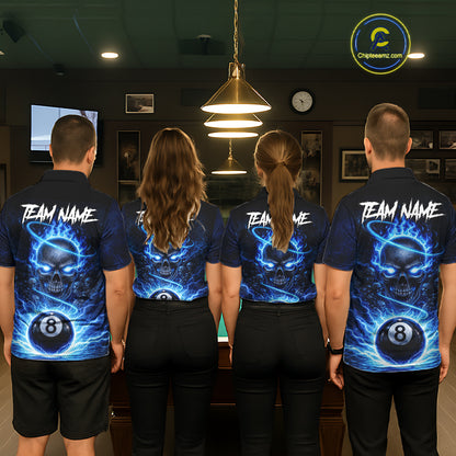 Blue Flames Multi Skull Thunder Pool 8 Ball 3D Billiard Shirt For Men Custom Billiard Team Attire NYN2603
