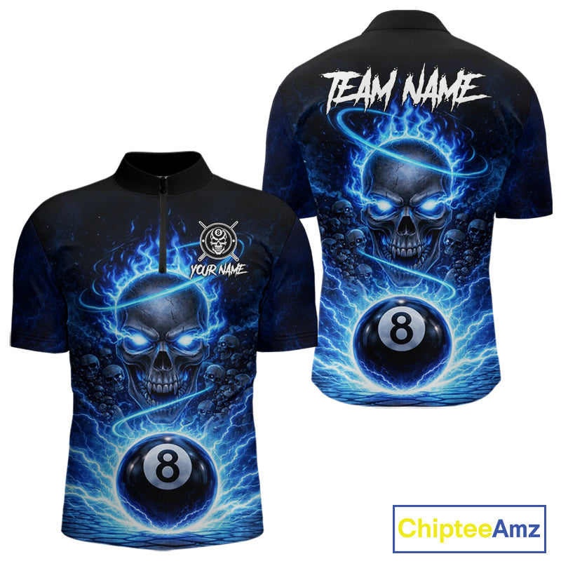 Blue Flames Multi Skull Thunder Pool 8 Ball 3D Billiard Shirt For Men Custom Billiard Team Attire NYN2603
