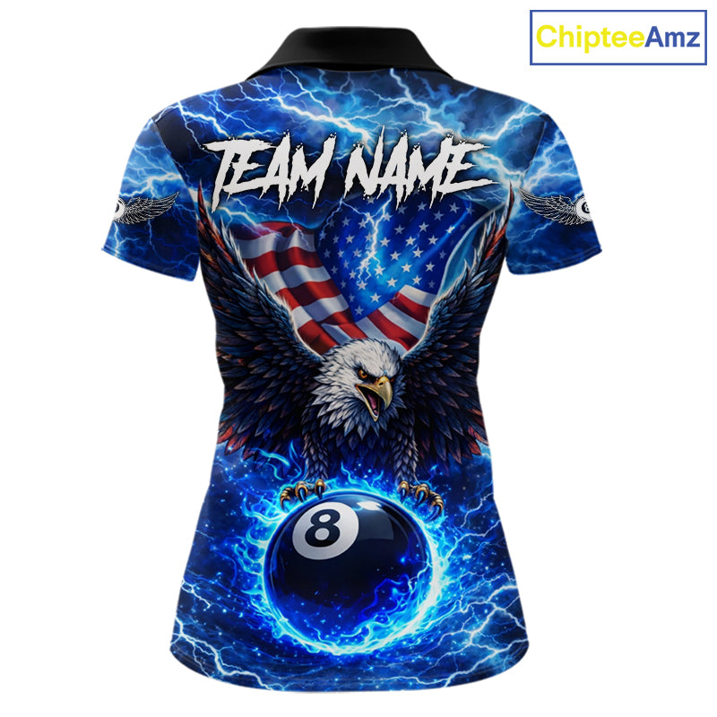 US Flag Eagle Thunder Blue Pool 8 Ball Women Billiard Shirt Custom Patriotic Billiard Team Attire NYN2604