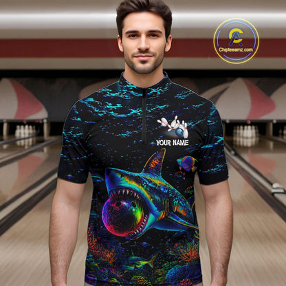 Funny Shark Ocean Neon Bowling  Jerseys For Men Custom Colorful Bowling Shirts Team Attire NYN3169