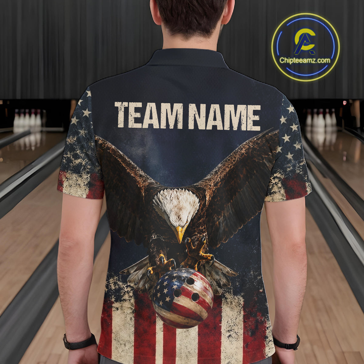 American Flag Grunge Bowling Team Jerseys For Men Custom Eagle Patriot Bowling Polo 1/4-Zip Shirt NYN3168