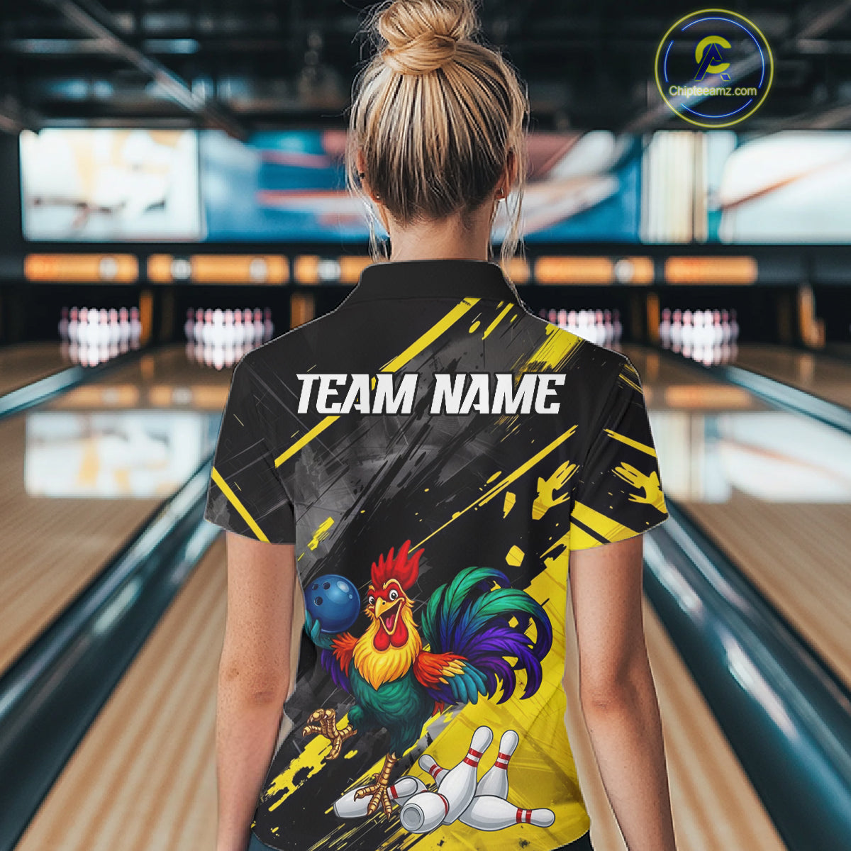 Personalized Colorful Funny Rooster Bowling Shirt For Women Yellow Grunge Bowling Team Jersey NYN3174