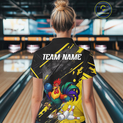 Personalized Colorful Funny Rooster Bowling Shirt For Women Yellow Grunge Bowling Team Jersey NYN3174