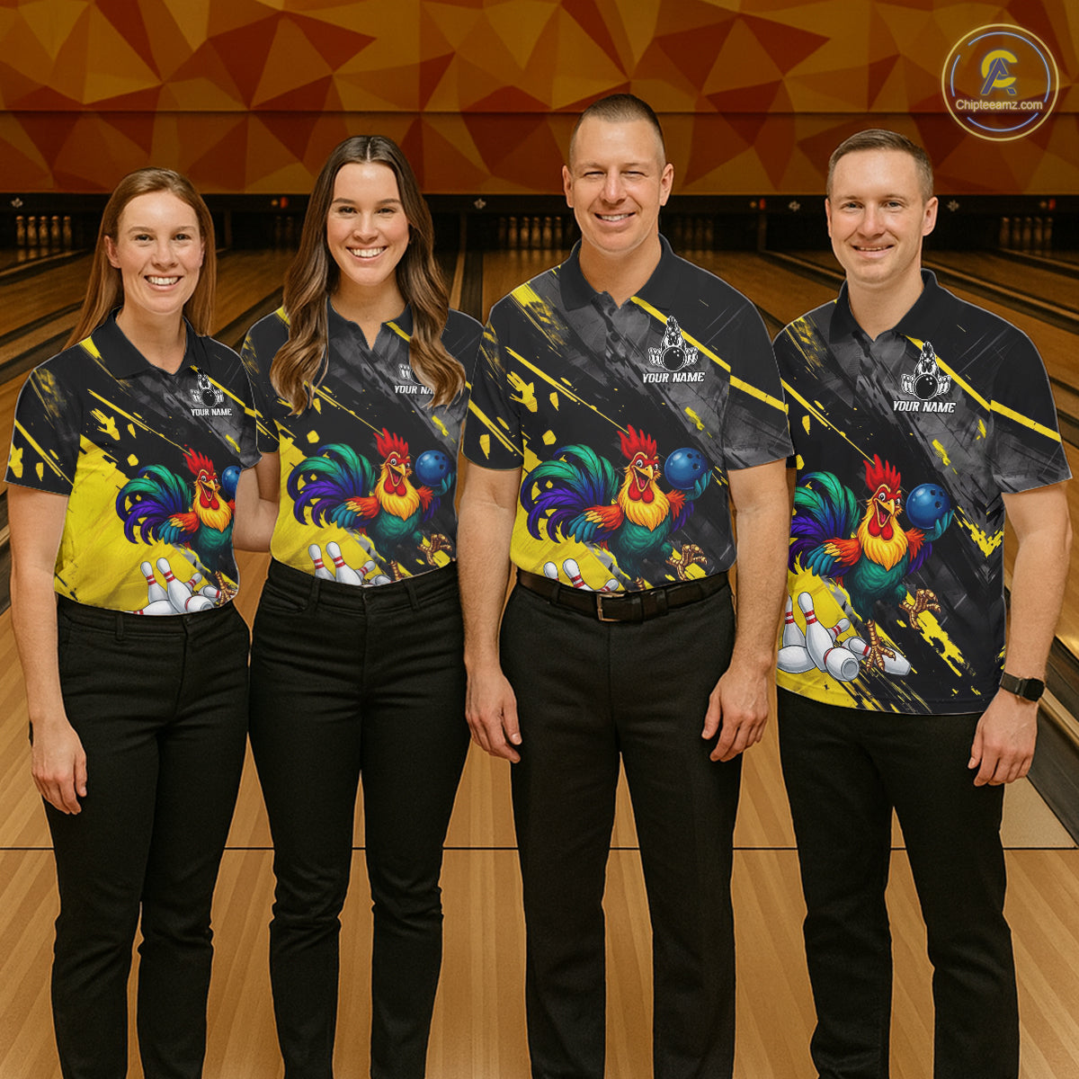 Personalized Colorful Funny Rooster Bowling Shirt For Women Yellow Grunge Bowling Team Jersey NYN3174