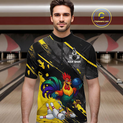 Personalized Colorful Funny Rooster Bowling Shirt For Men Yellow Grunge Bowling Team Jersey NYN3174