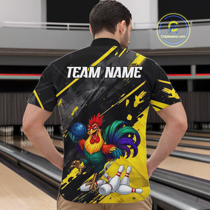 Personalized Colorful Funny Rooster Bowling Shirt For Men Yellow Grunge Bowling Team Jersey NYN3174