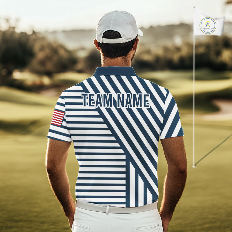 White And Blue Pinstripe Men Golf Polo Shirt Personalized Patriotic Golf Team Outfits NYN3387