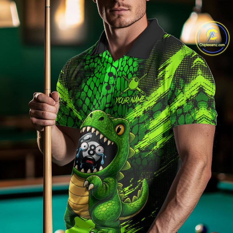 Male model wearing Funny Alligator pool polo during league play, custom 8 Ball sports jersey